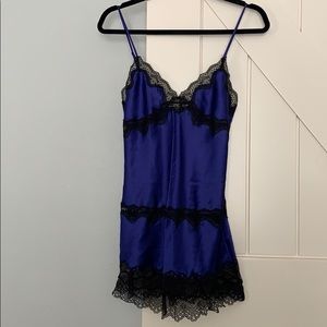 Blue silk with black lace night shirt size S